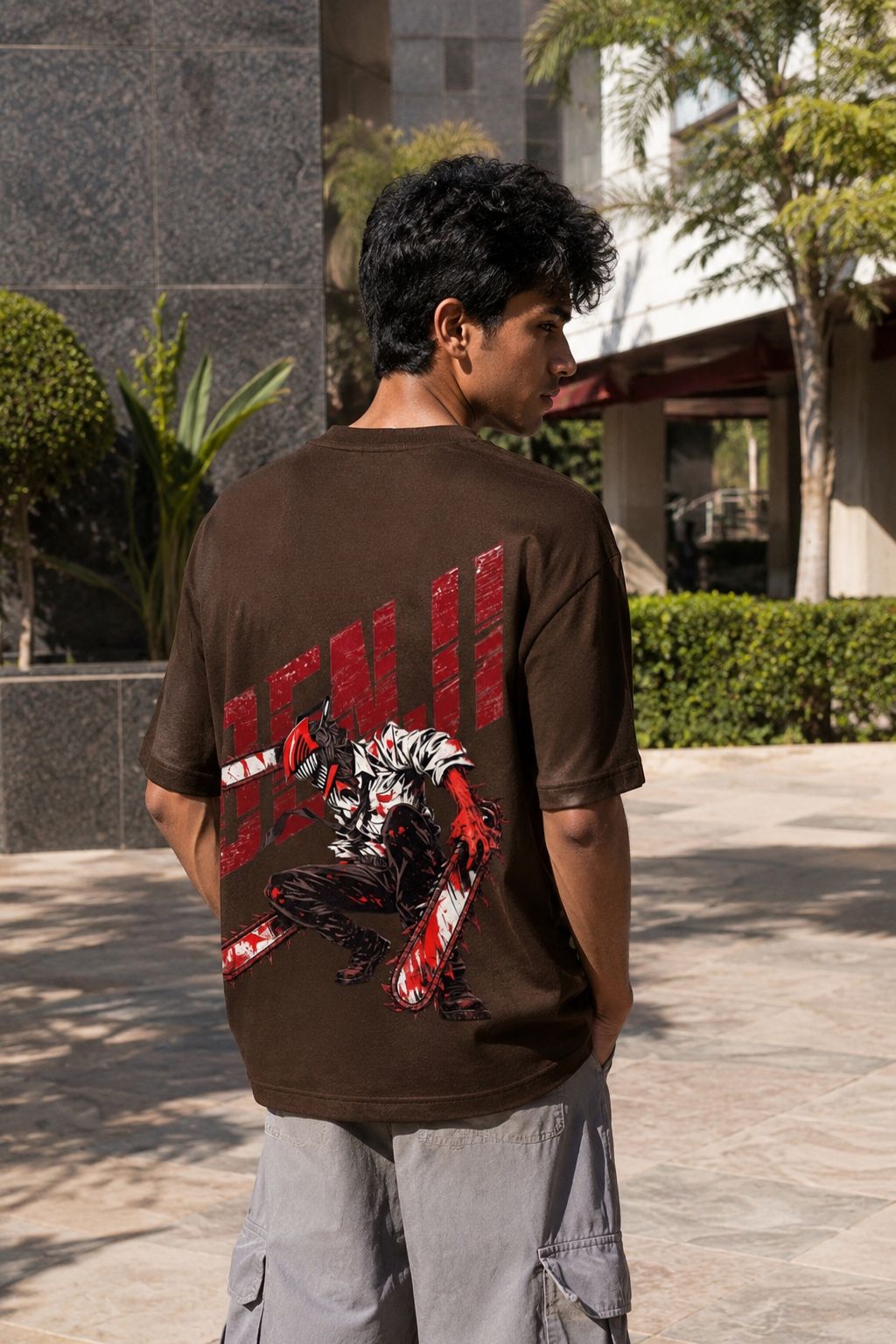 Denji Oversized Anime T-Shirt - Coffee Brown